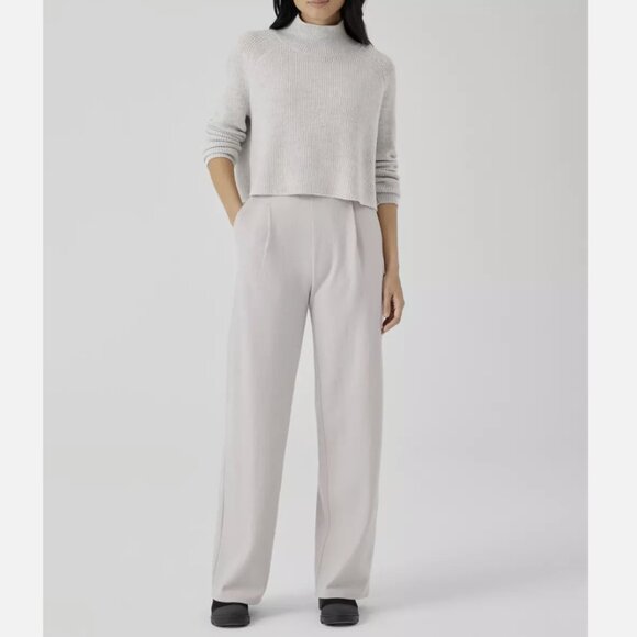 Eileen Fisher Chalk Boiled Wool Jersey Pleated Wide-Leg Pant